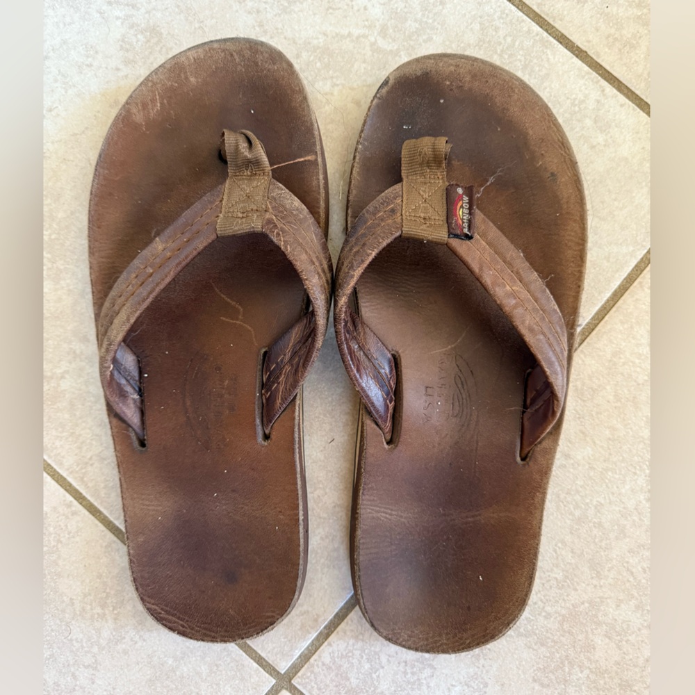 Rainbow Brown Leather Flip Flops